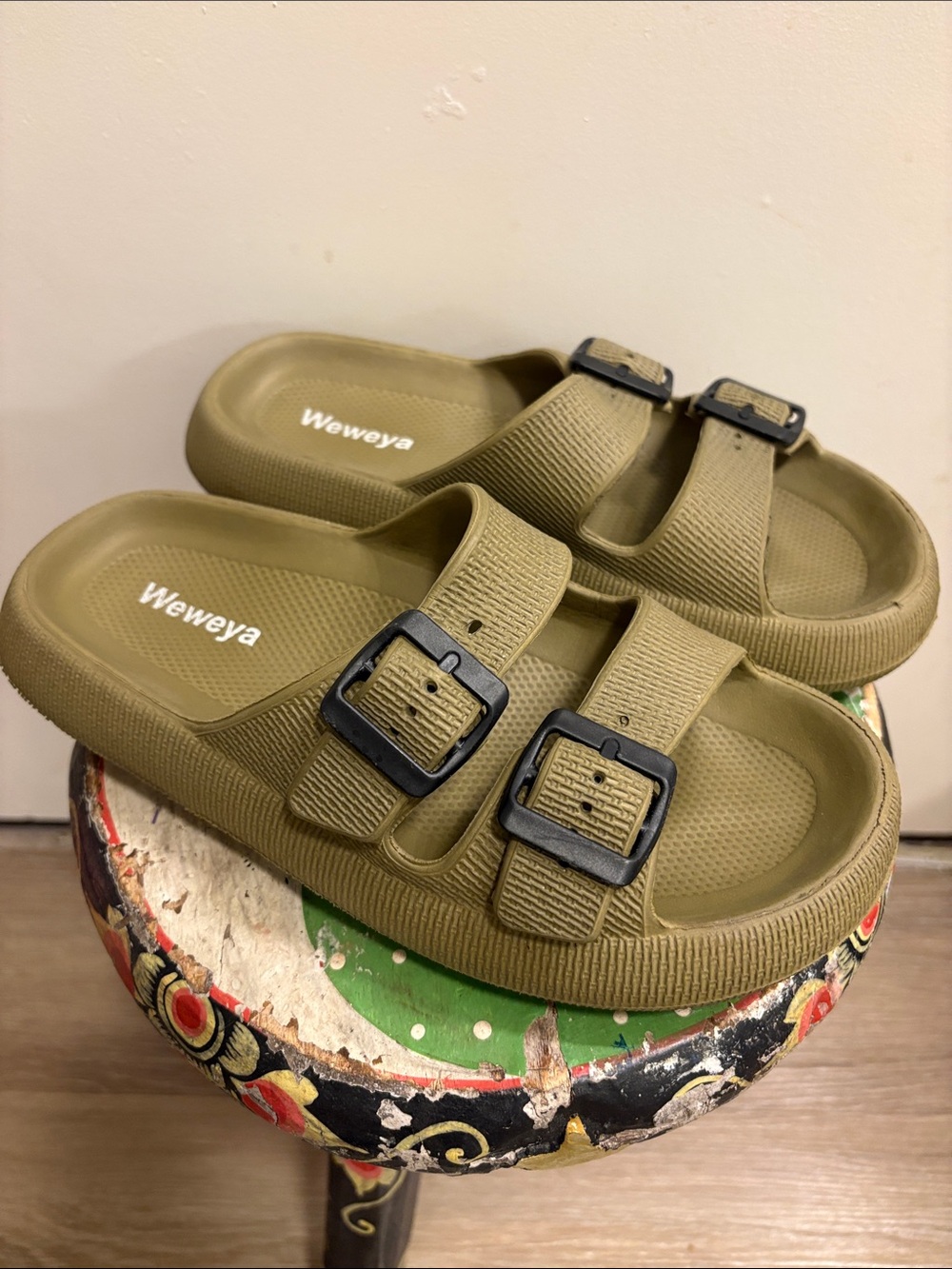 Olive Green Double-Buckle Women's Slide Sandals